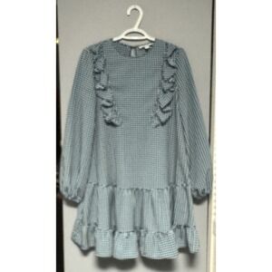Topshop Blue Gingham‎ Check Ruffled Long Sleeve Mini Dress Size 6